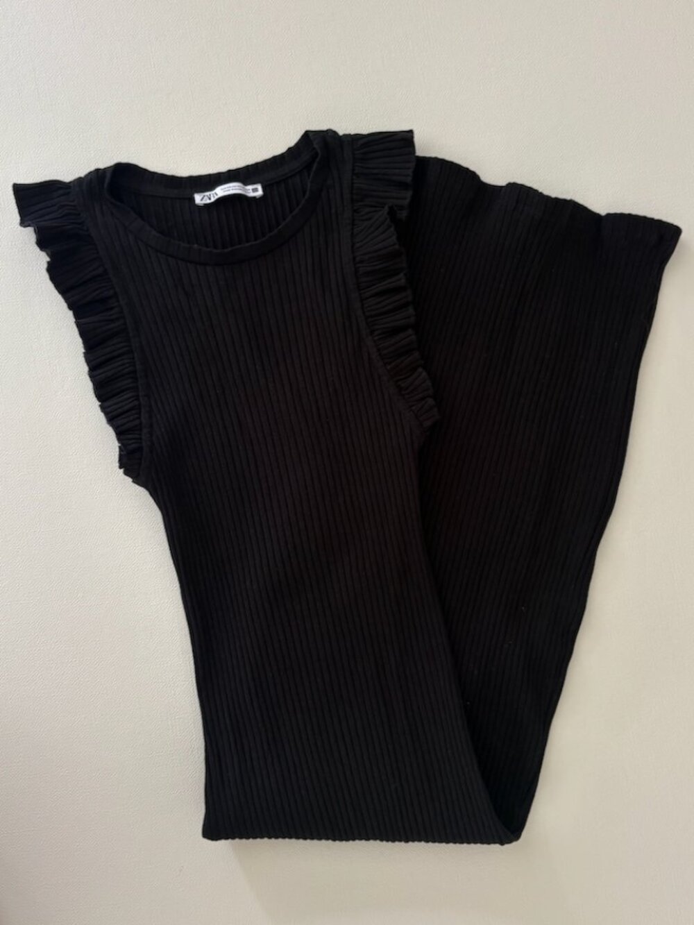 Zara Black Ribbed Bodycon Midi Maxi Dress Ruffle Sleeves XS
